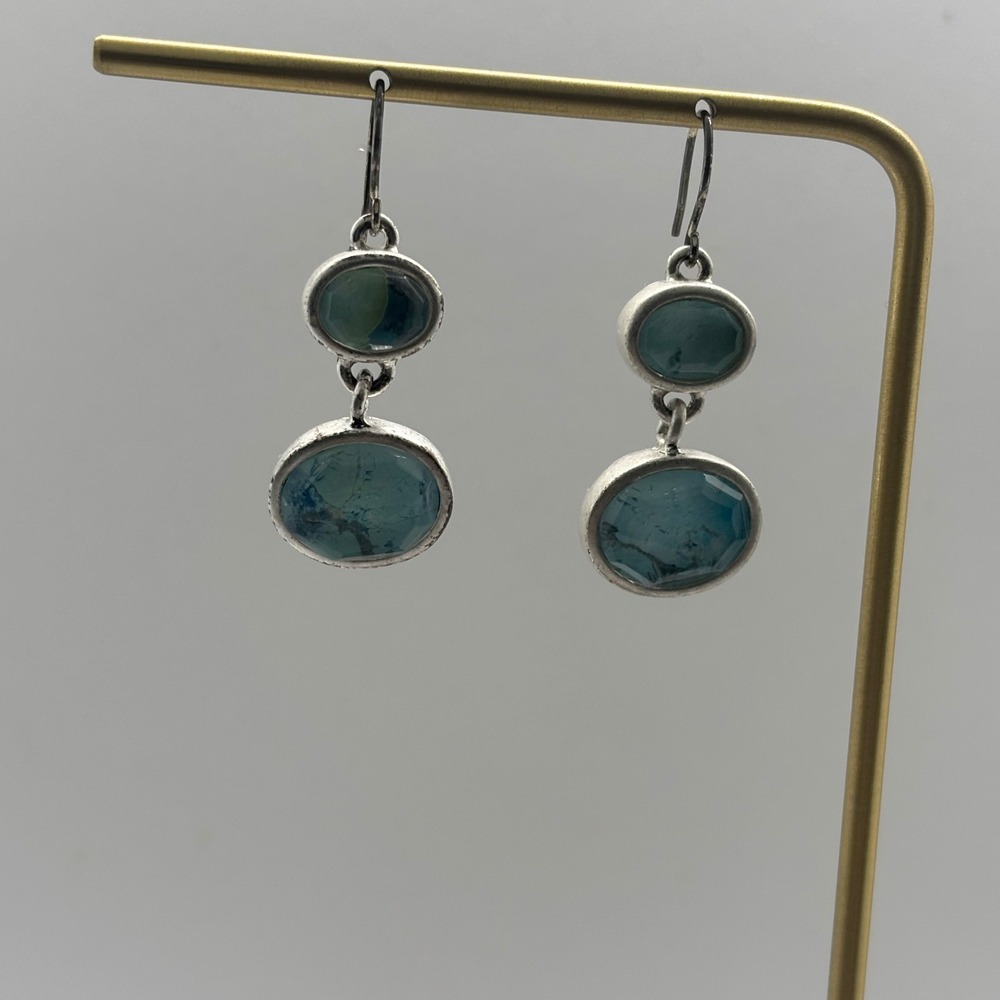 KC Double Drop Earrings Womens OS Blue Silver Tone Signed Artisan Faceted Tiered